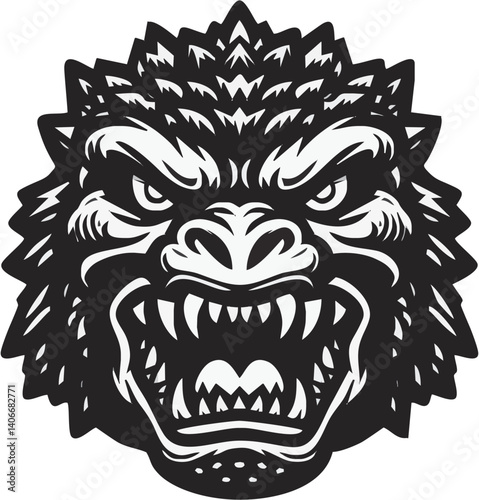 Fierce gorilla face, detailed tribal tattoo style, angry expression, sharp teeth, flared nostrils, intense eyes, black and white illustration, symmetrical design, bold lines, contrast, menacing, prima