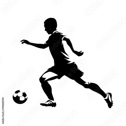 Soccer player vector silhouette. Running with ball. Side view