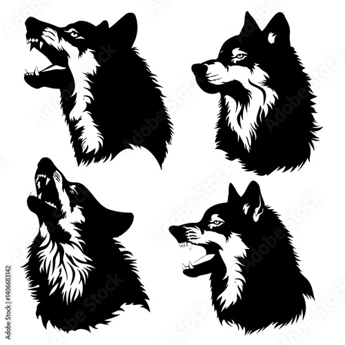 Set of four head of Silhouette wolfs vector illustration wildlife animal.
