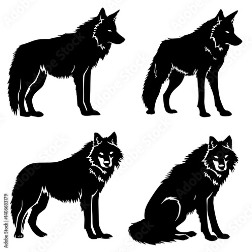 Set of four Silhouette wolfs vector illustration wildlife animal.