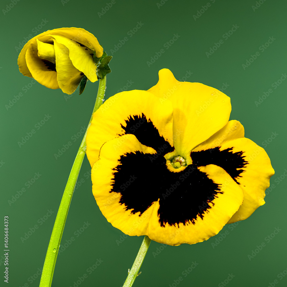Vibrant Yellow Pansy Flower with Dark Center green background