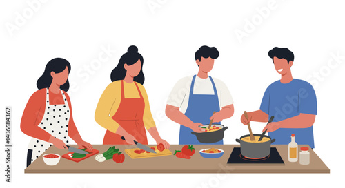 Flat Illustration Vector People Cooking Together Preparing a Meal