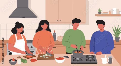 Flat Illustration Vector People Cooking Together in Kitchen at Counter