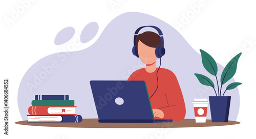 Flat Illustration Vector Person Working on Laptop with Headphones at Desk
