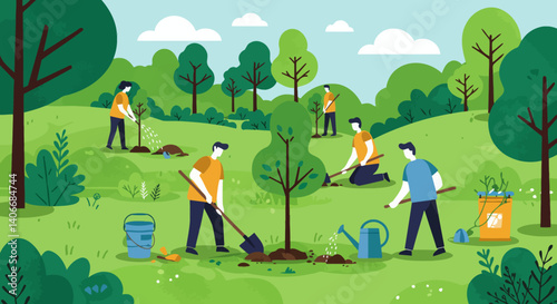 Flat Illustration Vector Group of People Planting Trees in a Green Field