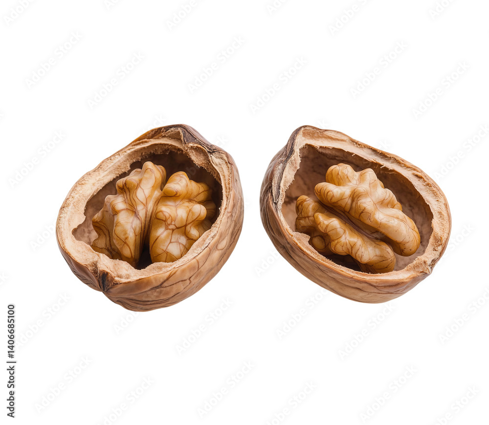 Two walnuts in their shells, one of which is open and the other closed, on Png Format and Transparent Background Two walnuts in their shells, one of which is open and the other closed, on Png Format and Transparent Background
