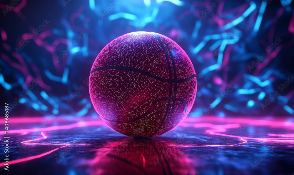 mechanical futuristic basketball in glossy material with neon glowing wireframe details background as banner with copyspace area - Generative AI mechanical futuristic basketball in glossy material with neon glowing wireframe details background as banner with copyspace area - Generative AI