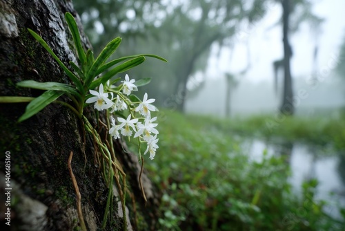 Wallpaper Mural A flowering ghost orchid hanging from an old tree trunk in a misty swamp.  Torontodigital.ca