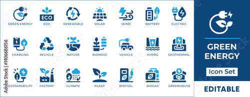 Flat minimal icon set representing green energy, renewable sources, and eco power for web, app UI, infographic, and sustainable project design.