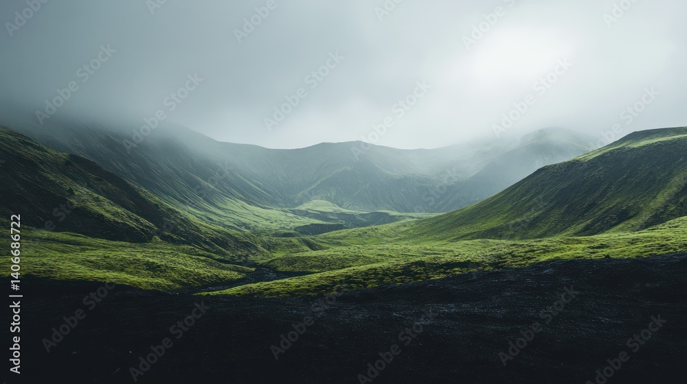 Fototapeta premium Misty valley between green mountains. Use Stock photo