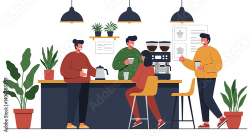 Flat Illustration Vector People Enjoying Coffee at Modern Coffee Shop Illustration