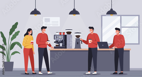 Flat Illustration Vector People Enjoying Coffee in Modern Coffee Shop Illustration