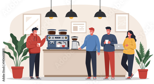 Flat Illustration Vector People Enjoying Coffee Together at Cafe Counter with Espresso Machine