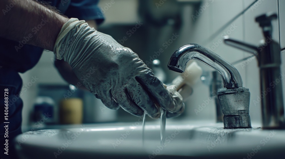 Plumber fixing a burst pipe under a commercial bathroom sink. Featuring plumbing repair Plumber fixing a burst pipe under a commercial bathroom sink. Featuring plumbing repair
