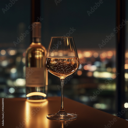 Glass of alcohol, brioche color, bottle in background, Photography, overview, view of the entire building,  