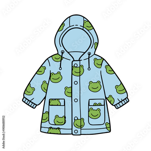 Cute frog-patterned raincoat design on blue background  