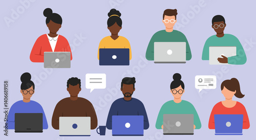 Flat Illustration Vector Diverse People Working on Laptops Illustration Connecting and Communicating Online