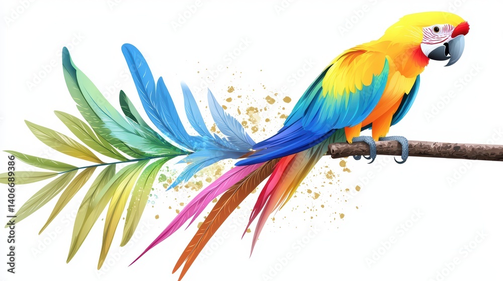 Obraz premium A vibrant clipart of a tropical parrot perched on a branch, featuring bold feathers and a lively design with tropical colors, perfect for jungle-themed projects.