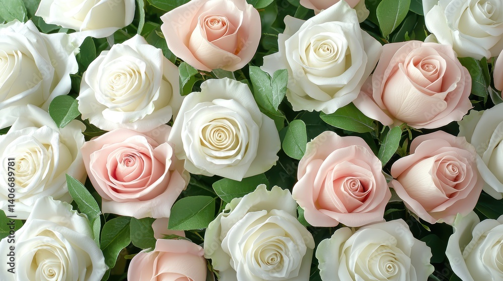 Obraz premium A peaceful arrangement of white and pink roses with soft greenery, symbolizing sympathy, remembrance, and love at a funeral ceremony.
