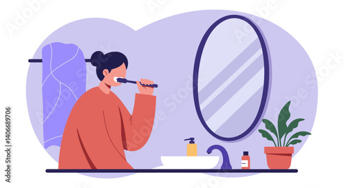 Flat Illustration Vector Woman Brushing Teeth in Bathroom Morning Routine