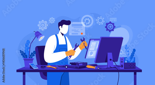 Flat Illustration Vector Repairing Computer with Wrench and Tools at Desk