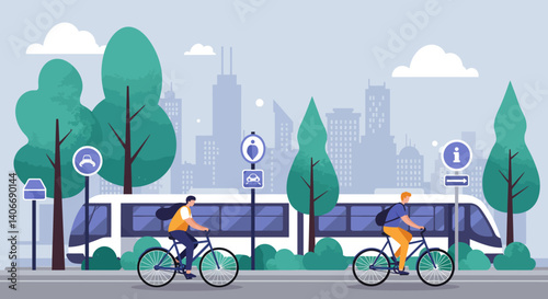 Flat Illustration Vector People Cycling Near a Train in Cityscape Illustration