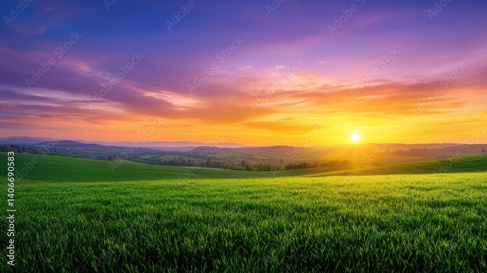 A scenic countryside sunset with rolling green fields bathed in warm golden light and a colorful sky blending into twilight. A scenic countryside sunset with rolling green fields bathed in warm golden light and a colorful sky blending into twilight.