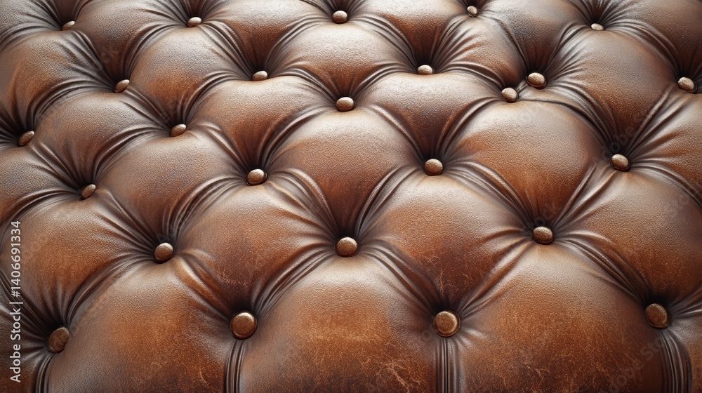 Obraz premium Rich, Brown Chesterfield Leather Upholstery Close-up Detail of Deep Buttoned Pattern with Buttons.