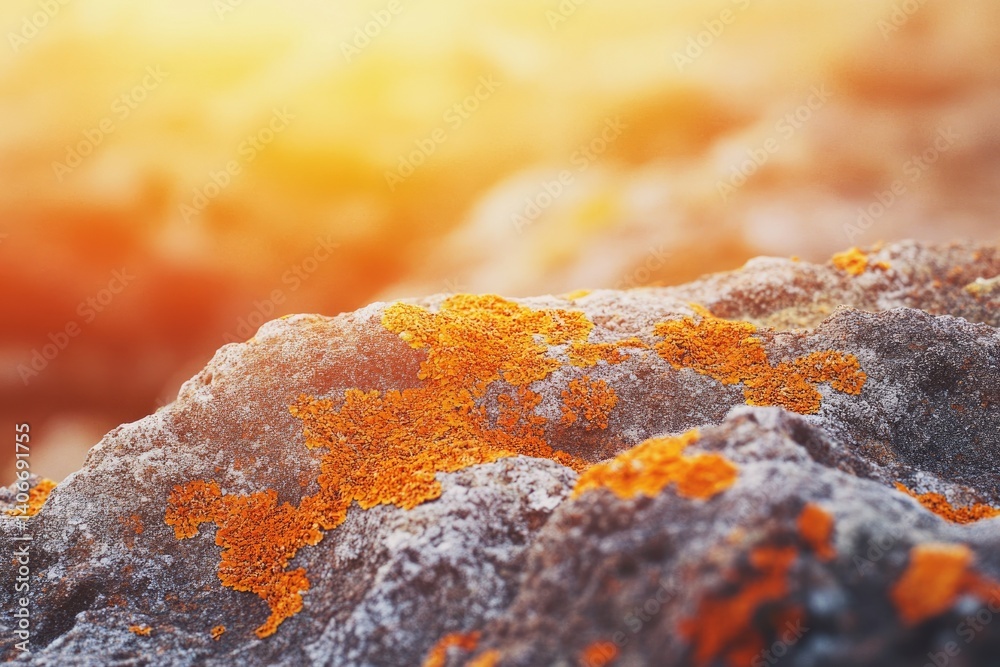 Fototapeta premium Orange lichen vividly contrasts against a grey rock surface, bathed in warm sunlight.