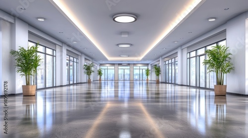 Wallpaper Mural A spacious modern office lobby with high ceilings, polished floors, and minimalist interior design. Torontodigital.ca