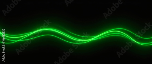 Abstract glowing green neon waves on a black background
