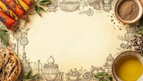 Vintage Culinary Border with Grilled Foods and Antique Herbal Illustration