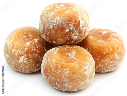 Four golden brown palm jaggery balls are stacked neatly on a bright white background showcasing their sweet texture and natural appeal.