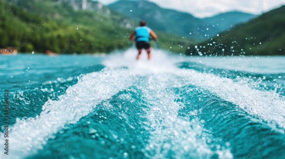 Naklejka premium Adrenaline tourism activities water skiing adventure in nong khai thailand's scenic waters