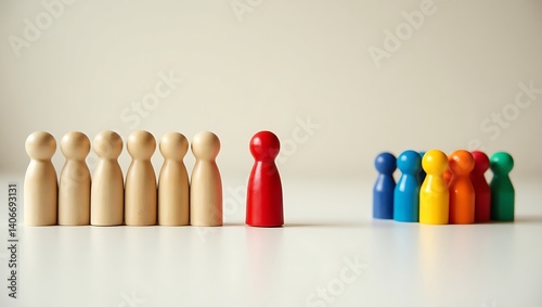 Unity in Diversity Wooden Figures Highlight the Contrast Between Uniformity and Inclusivity in Modern Social Dynamics