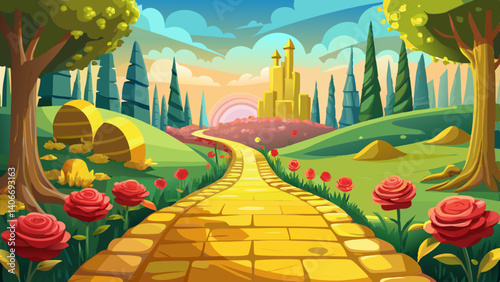 Enchanted yellow brick road leading to the magical emerald city in autmmn season with beautiful roses