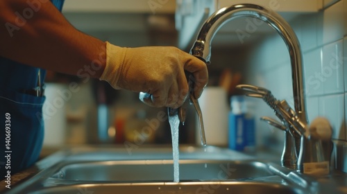 Plumber fixing water pipes under a kitchen sink in a residential home. Featuring plumbing repair and water conservation