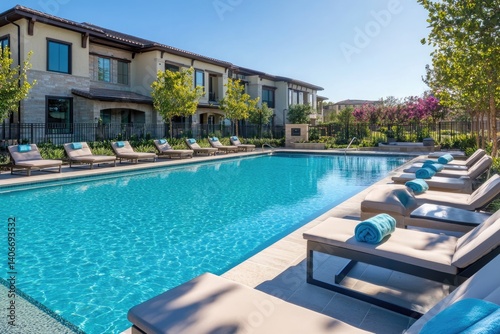 Luxury apartment complex with a resort-style pool and comfortable lounge chairs.