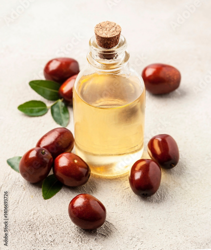 Wallpaper Mural Jojoba oil in bottle with ripe jojoba fruits. Torontodigital.ca