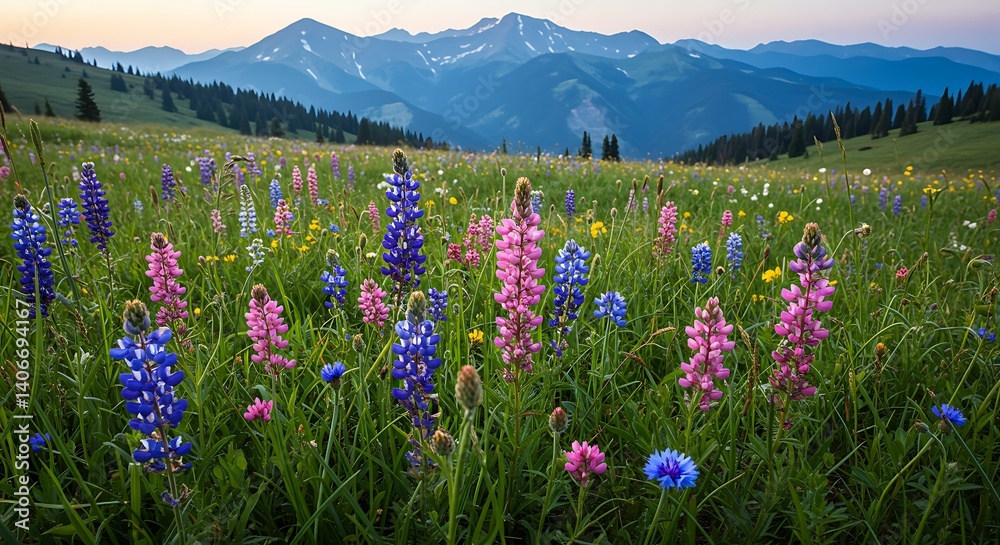 Fototapeta premium Mountain Wildflower Meadow: Vibrant Lupines and Serene Landscape
