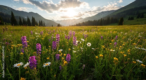 Fototapeta Naklejka Na Ścianę i Meble -  Mountain Meadow Sunset: Vibrant Wildflowers in a Serene Landscape