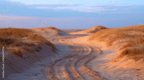 A winding path through sand dunes with tire tracks, emphasizing the rough and smooth textures of the sand underfoot.