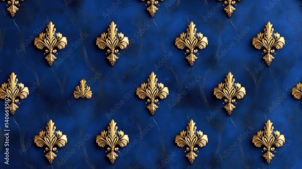 Ornate golden motifs on royal blue wallpaper style backdrop, seamless classical damask design Ornate golden motifs on royal blue wallpaper style backdrop, seamless classical damask design