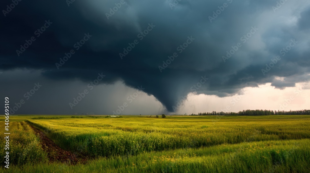 A powerful tornado spirals down from dark clouds over a vibrant green and gold field. The dramatic weather creates a tense atmosphere in the rural landscape during the stormy afternoon