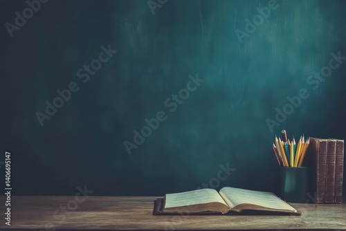Open book on wooden table, chalkboard background photo