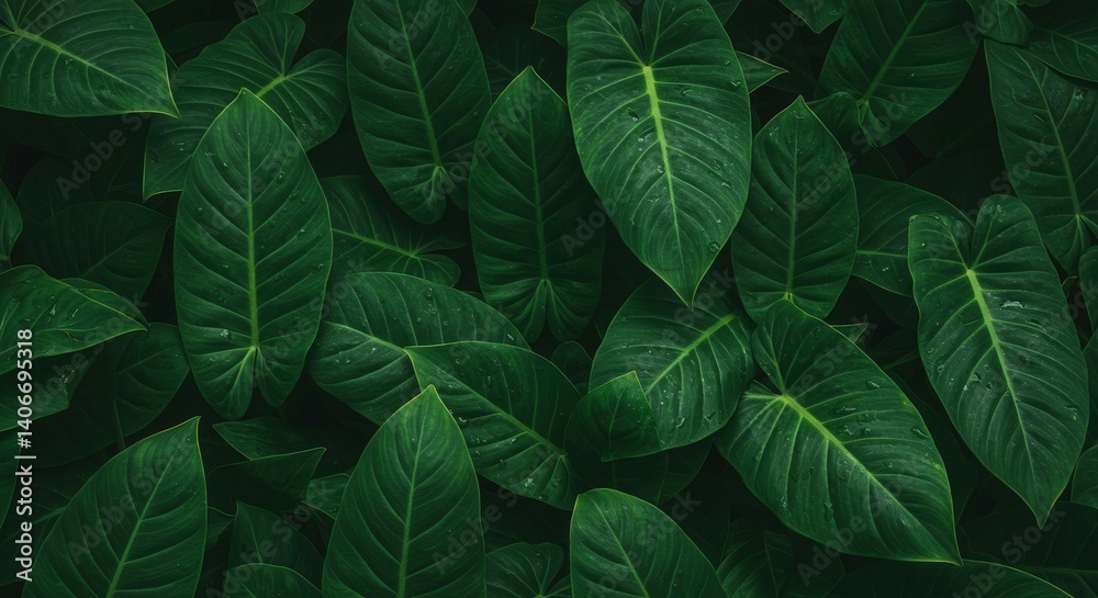 Dark Green Leaves Background Texture with Water Drops Dark Green Leaves Background Texture with Water Drops
