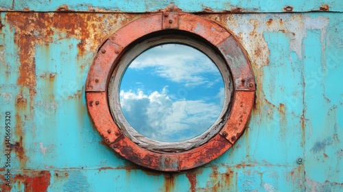 Rusty Porthole with Blue Sky and Clouds