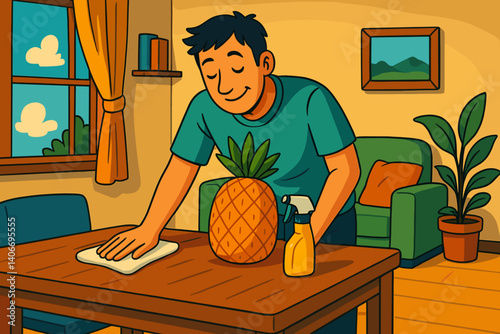 Man Enjoying House Cleaning with Pineapple in Cozy Room  