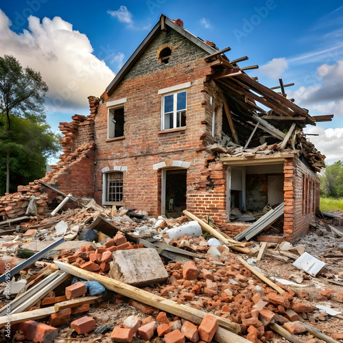 destroyed brick house building ruin demolition deb on white background