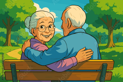 Elderly couple sharing a joyful moment on a park bench  